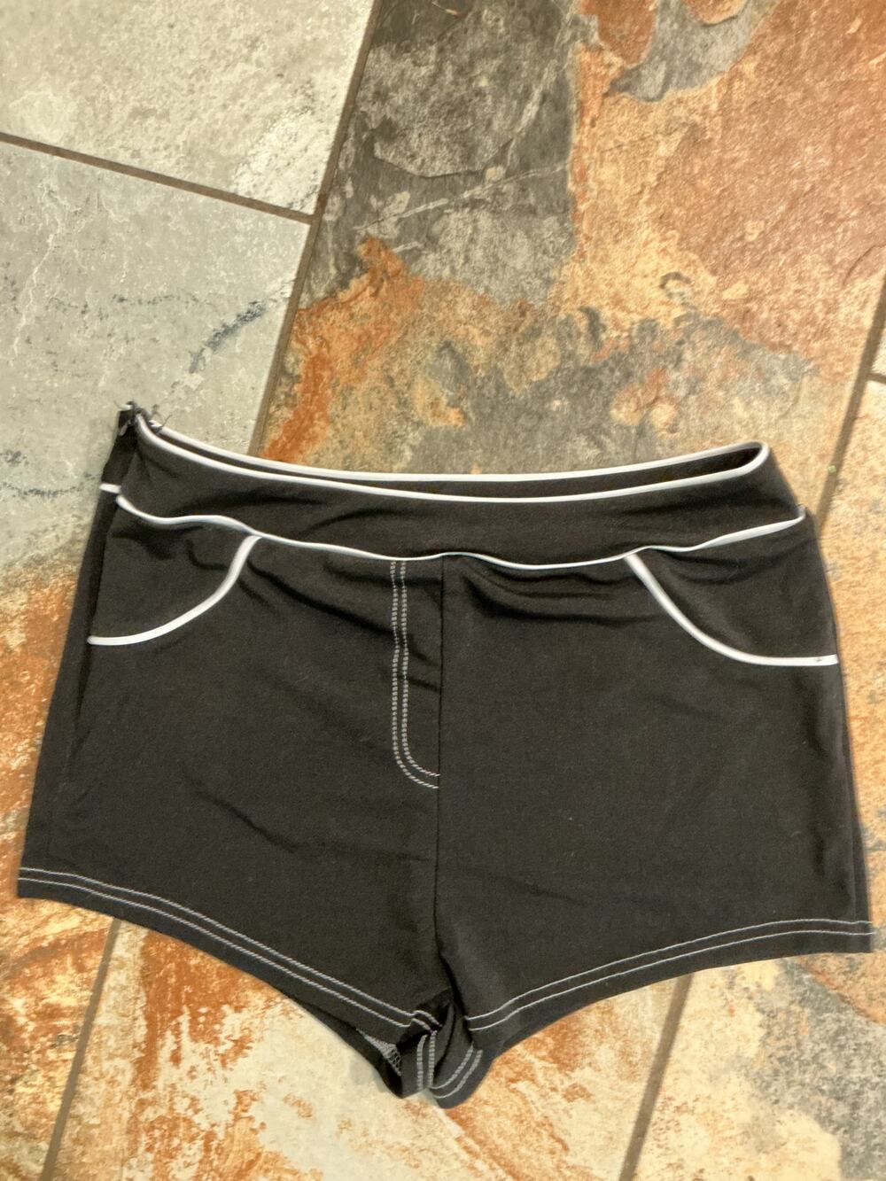 Black Retro Swim Shorts White Piping High Waist Boyshort Bikini Bottom Pinup